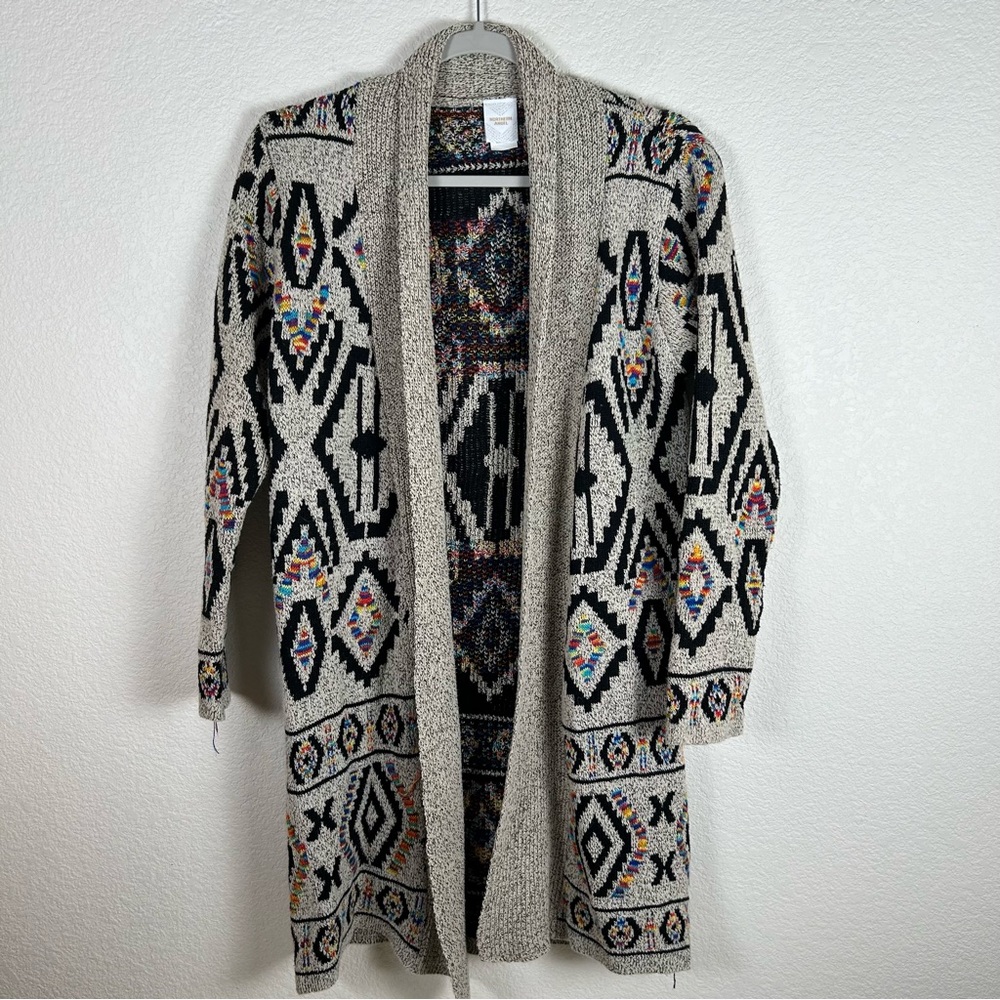 Open-Front Aztec Knit Cardigan Sweater - Cream & Black